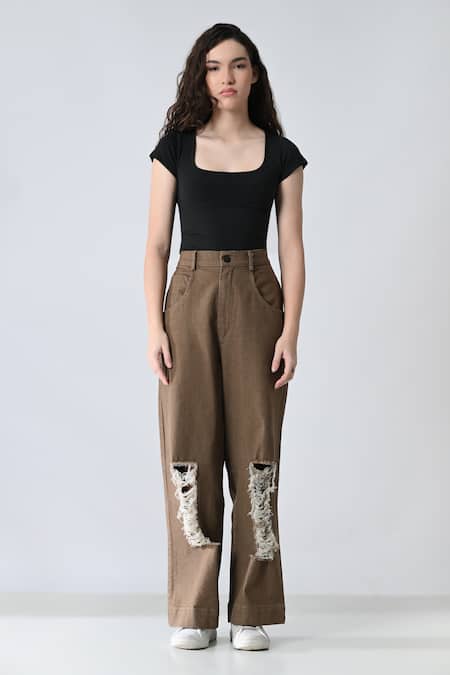 Samant Chauhan Brown Cotton Fringe Rust Thread Bottom 