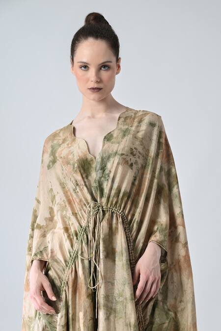 Samant Chauhan_Beige Chanderi, Silk V-neck Acid Fern Dress _Online_at_Aza_Fashions