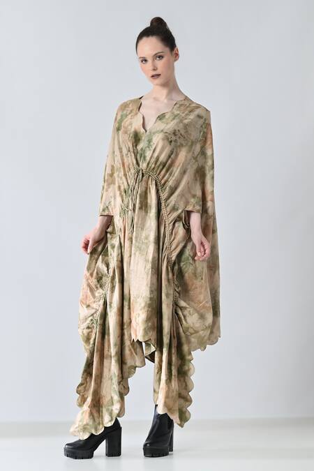 Buy_Samant Chauhan_Beige Chanderi, Silk V-neck Acid Fern Dress _Online_at_Aza_Fashions