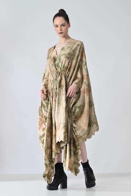 Shop_Samant Chauhan_Beige Chanderi, Silk V-neck Acid Fern Dress _Online_at_Aza_Fashions