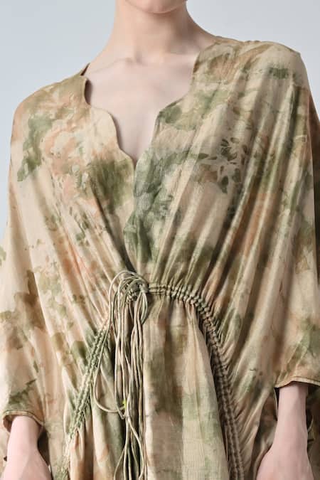 Samant Chauhan_Beige Chanderi, Silk V-neck Acid Fern Dress _at_Aza_Fashions