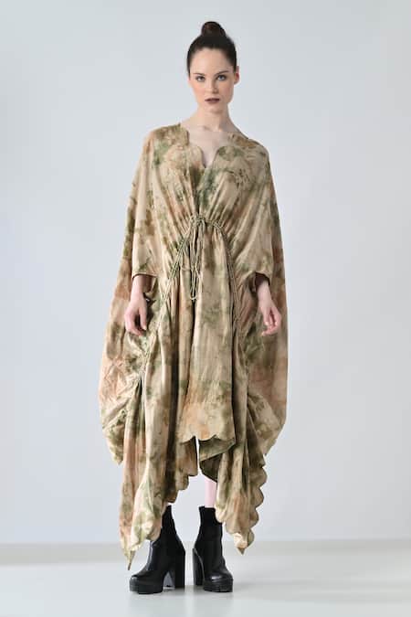 Samant Chauhan Beige Chanderi, Silk V-neck Acid Fern Dress 