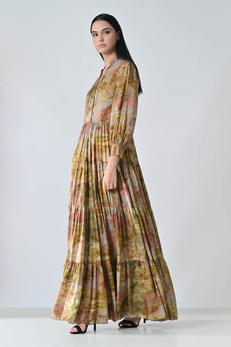 Samant Chauhan_Beige Cotton Mandarin Collar Desert Bloom Dress _Online_at_Aza_Fashions