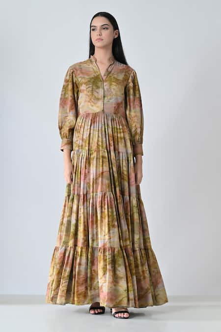 Buy_Samant Chauhan_Beige Cotton Mandarin Collar Desert Bloom Dress _Online_at_Aza_Fashions