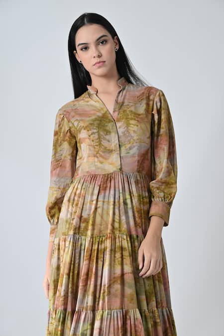 Shop_Samant Chauhan_Beige Cotton Mandarin Collar Desert Bloom Dress _Online_at_Aza_Fashions