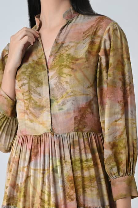 Samant Chauhan_Beige Cotton Mandarin Collar Desert Bloom Dress _at_Aza_Fashions