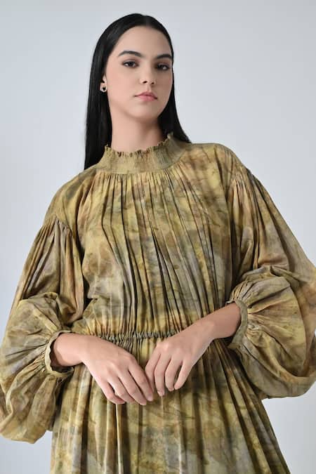 Samant Chauhan_Beige Cotton, Viscose Round Neck Dye Bloom Dress _Online_at_Aza_Fashions