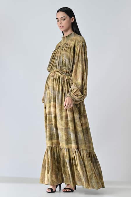 Buy_Samant Chauhan_Beige Cotton, Viscose Round Neck Dye Bloom Dress _Online_at_Aza_Fashions