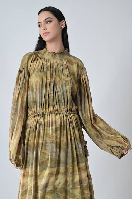 Shop_Samant Chauhan_Beige Cotton, Viscose Round Neck Dye Bloom Dress _Online_at_Aza_Fashions