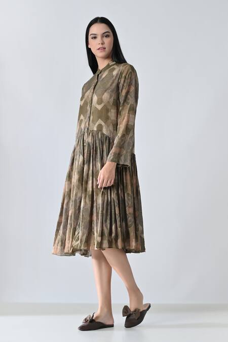 Buy_Samant Chauhan_Brown Cotton Collared Dusty Bloom Dress _Online_at_Aza_Fashions
