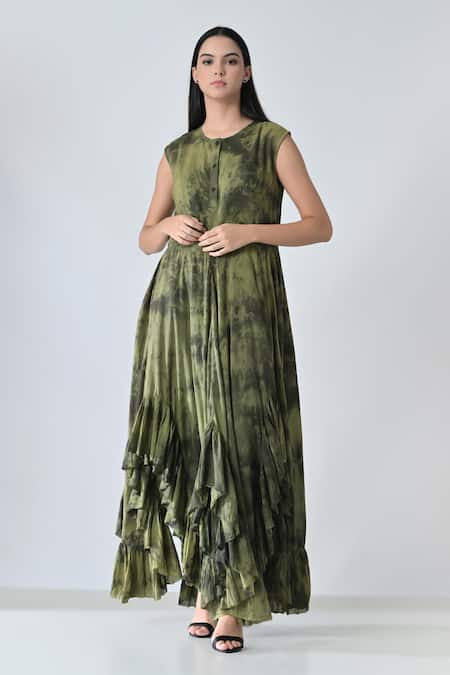 Samant Chauhan Green Cotton Ruffles Round Neck Olive Storm Dress 