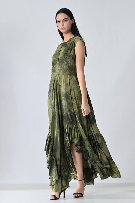 Buy_Samant Chauhan_Green Cotton Ruffles Round Neck Olive Storm Dress _Online_at_Aza_Fashions