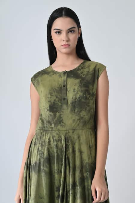Shop_Samant Chauhan_Green Cotton Ruffles Round Neck Olive Storm Dress _Online_at_Aza_Fashions
