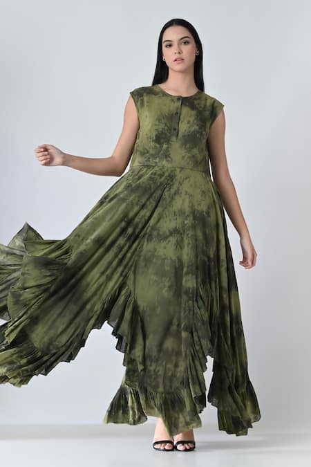 Samant Chauhan_Green Cotton Ruffles Round Neck Olive Storm Dress _at_Aza_Fashions