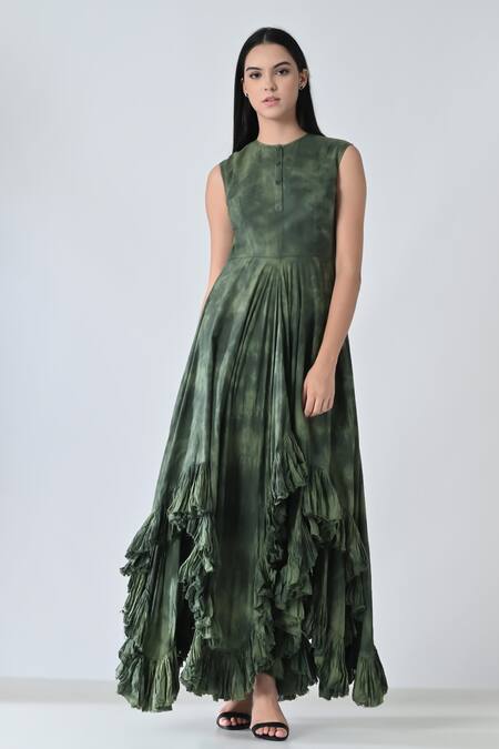 Samant Chauhan_Green Cotton Round Neck Acid Fern Dress _Online_at_Aza_Fashions