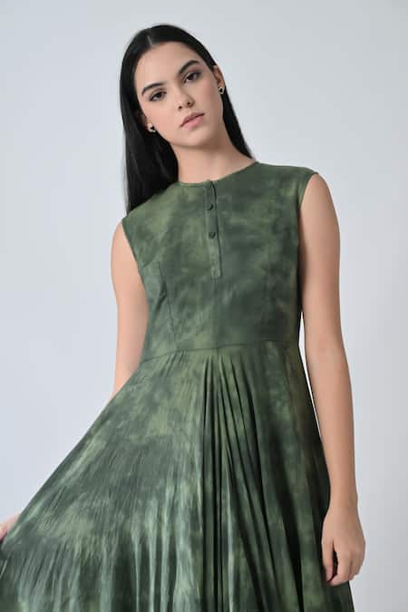 Buy_Samant Chauhan_Green Cotton Round Neck Acid Fern Dress _Online_at_Aza_Fashions