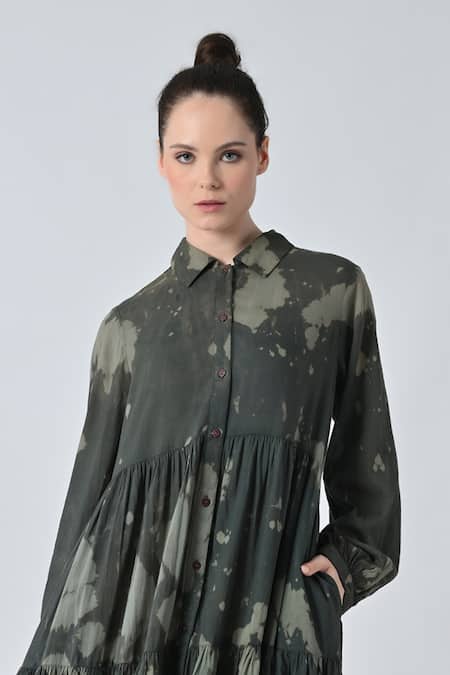 Buy_Samant Chauhan_Green Cotton Collared Desert Bloom Dress _Online_at_Aza_Fashions