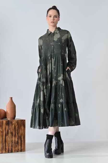 Samant Chauhan Green Cotton Collared Desert Bloom Dress 