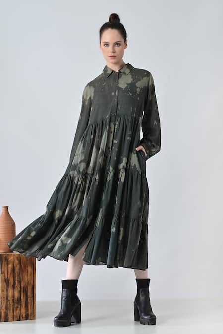 Shop_Samant Chauhan_Green Cotton Collared Desert Bloom Dress _Online_at_Aza_Fashions