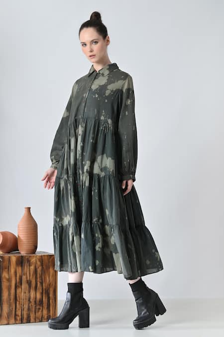 Samant Chauhan_Green Cotton Collared Desert Bloom Dress _at_Aza_Fashions