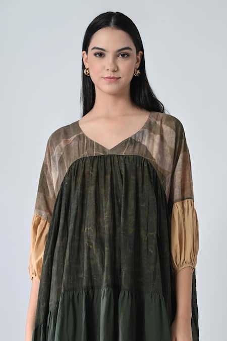 Samant Chauhan_Green Cotton, Viscose V-neck Military Dress _Online_at_Aza_Fashions