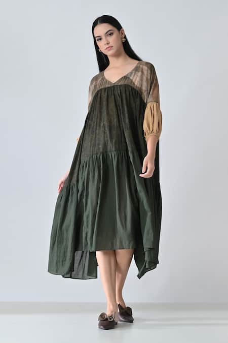Shop_Samant Chauhan_Green Cotton, Viscose V-neck Military Dress _Online_at_Aza_Fashions