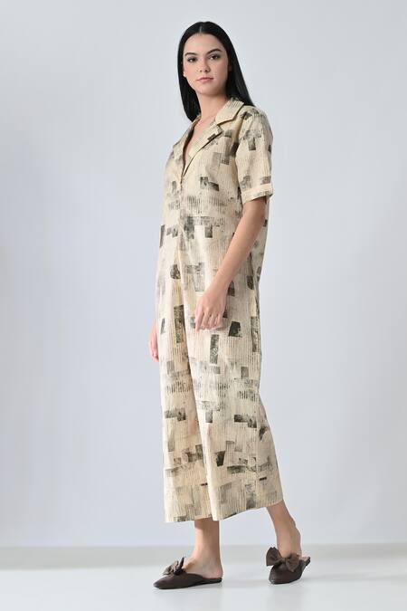 Shop_Samant Chauhan_Beige Cotton Collared Jumpsuit _Online_at_Aza_Fashions
