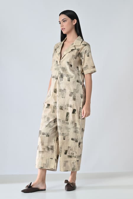 Samant Chauhan_Beige Cotton Collared Jumpsuit _at_Aza_Fashions