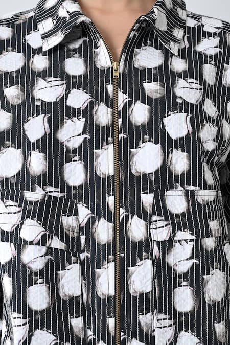 Shop_Samant Chauhan_Black Cotton Collared Faded Rose Jacket _Online_at_Aza_Fashions