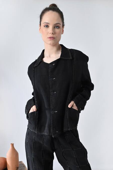 Samant Chauhan_Black Linen Collared Shadow Pant Co-ord Set _Online_at_Aza_Fashions