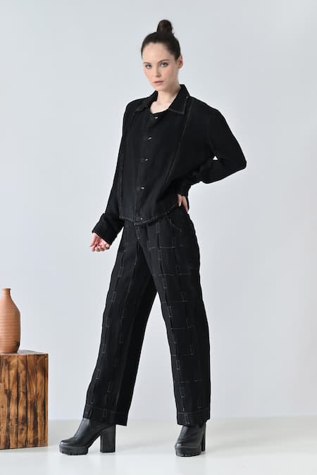 Buy_Samant Chauhan_Black Linen Collared Shadow Pant Co-ord Set _Online_at_Aza_Fashions
