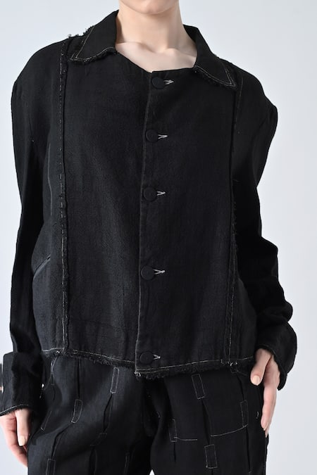 Shop_Samant Chauhan_Black Linen Collared Shadow Pant Co-ord Set _Online_at_Aza_Fashions