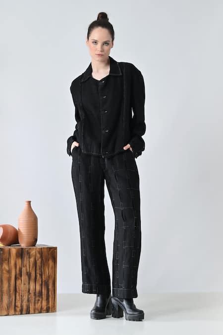 Samant Chauhan_Black Linen Collared Shadow Pant Co-ord Set _at_Aza_Fashions