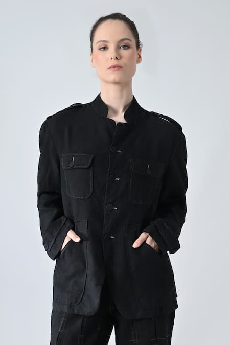 Samant Chauhan_Black Linen Mandarin Collar Midnight Match Pant Co-ord Set _Online_at_Aza_Fashions