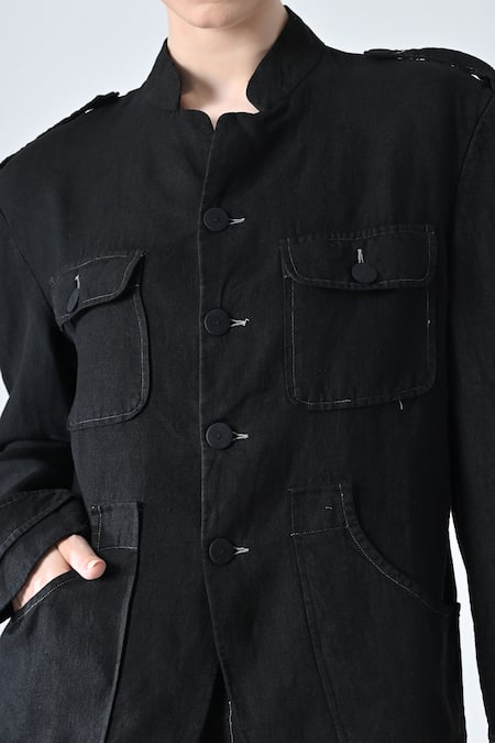 Buy_Samant Chauhan_Black Linen Mandarin Collar Midnight Match Pant Co-ord Set _Online_at_Aza_Fashions