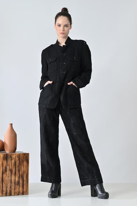 Samant Chauhan Black Linen Mandarin Collar Midnight Match Pant Co-ord Set