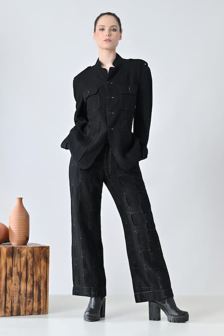 Samant Chauhan_Black Linen Mandarin Collar Midnight Match Pant Co-ord Set _at_Aza_Fashions
