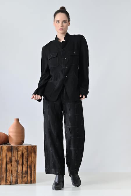 Buy_Samant Chauhan_Black Linen Mandarin Collar Midnight Match Pant Co-ord Set 