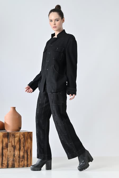Shop_Samant Chauhan_Black Linen Mandarin Collar Midnight Match Pant Co-ord Set 