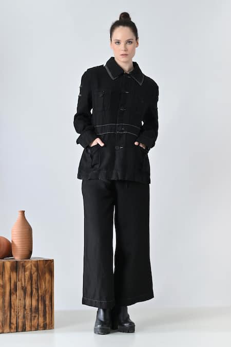 Samant Chauhan_Black Linen Collared Ink Detail Pant Co-ord Set _Online_at_Aza_Fashions