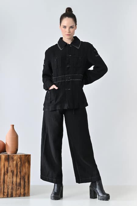 Samant Chauhan Black Linen Collared Ink Detail Pant Co-ord Set 