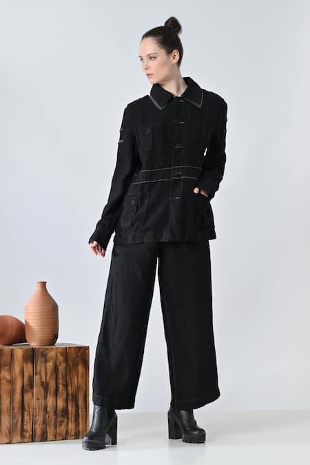 Buy_Samant Chauhan_Black Linen Collared Ink Detail Pant Co-ord Set _Online_at_Aza_Fashions