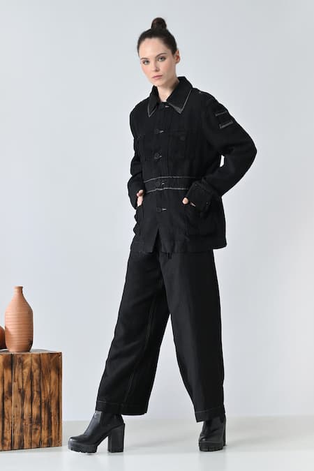 Shop_Samant Chauhan_Black Linen Collared Ink Detail Pant Co-ord Set _Online_at_Aza_Fashions