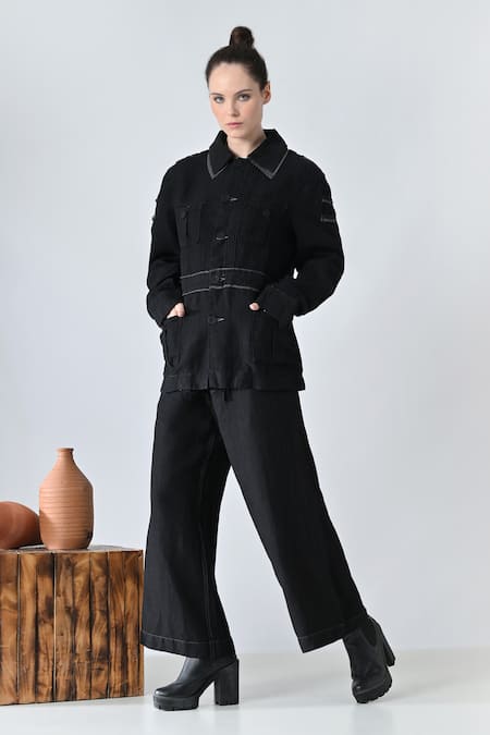 Samant Chauhan_Black Linen Collared Ink Detail Pant Co-ord Set _at_Aza_Fashions