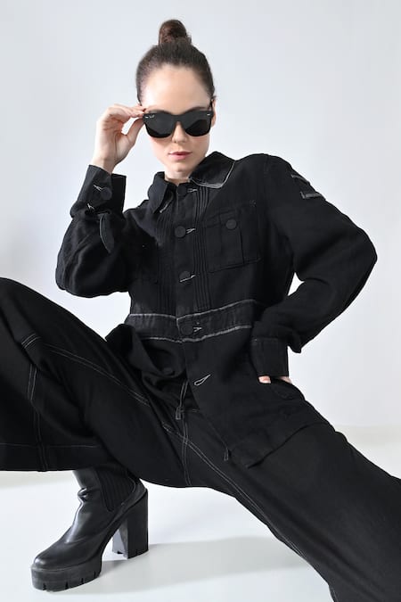 Shop_Samant Chauhan_Black Linen Collared Ink Detail Pant Co-ord Set 