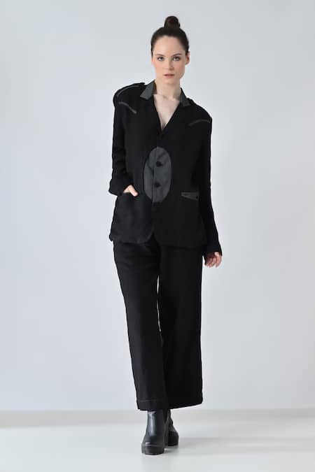 Samant Chauhan_Black Linen Collared Dark Stitch Pant Co-ord Set _Online_at_Aza_Fashions