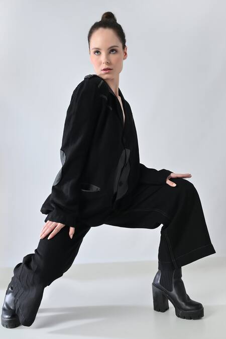 Buy_Samant Chauhan_Black Linen Collared Dark Stitch Pant Co-ord Set _Online_at_Aza_Fashions