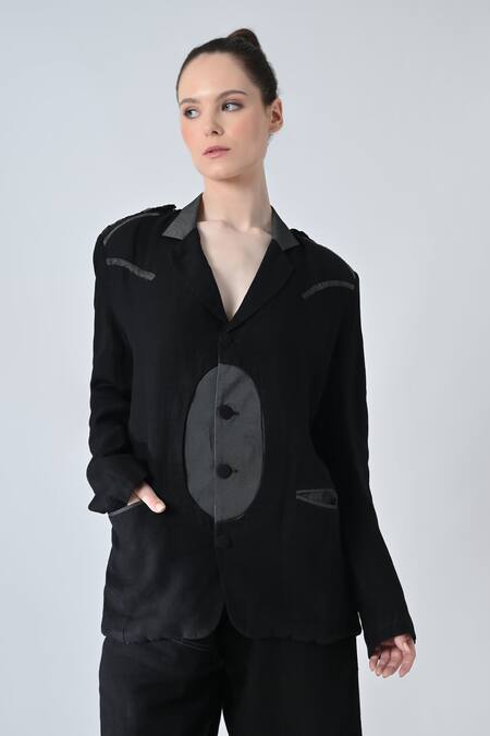 Shop_Samant Chauhan_Black Linen Collared Dark Stitch Pant Co-ord Set _Online_at_Aza_Fashions