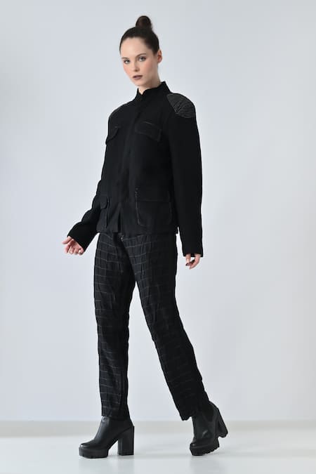 Buy_Samant Chauhan_Black Linen Mandarin Collar Form Pant Co-ord Set _Online_at_Aza_Fashions