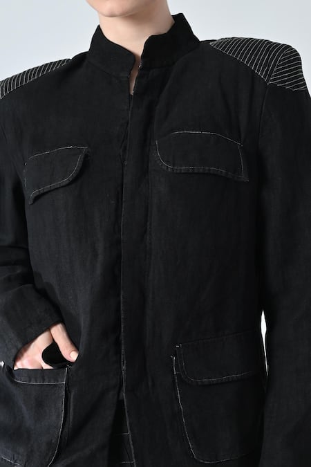 Samant Chauhan_Black Linen Mandarin Collar Form Pant Co-ord Set _at_Aza_Fashions